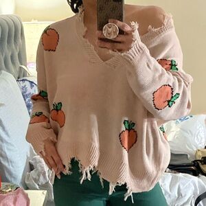 🍑Just Polly Over the shoulder slouchy knit cropped fringe peach Women’s sweater